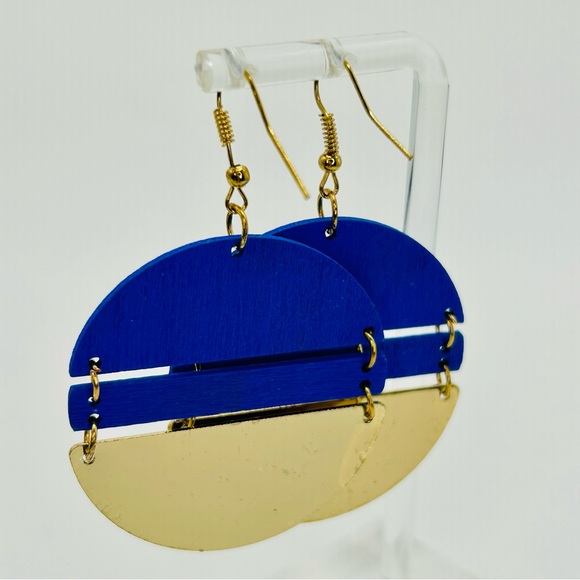 💙💚 Green or Blue Geometric Half-Moon Earrings | Modern Wood + Goldtone | - Picture 4 of 7